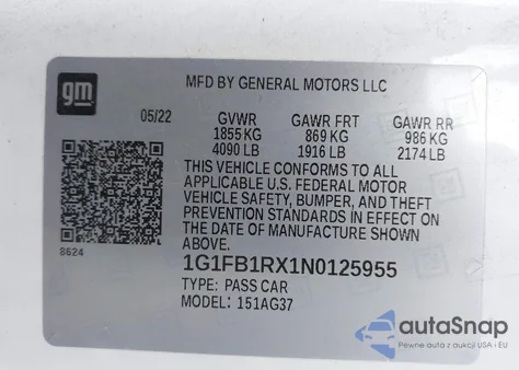 2022 Chevrolet Camaro Rwd 1Ls z USA, uszkodzony, nr VIN 1G1FB1RX1N0125955